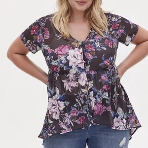 Torrid Purple Floral Gray Chiffon Hi Lo Babydoll Button Tunic Size 1X‎